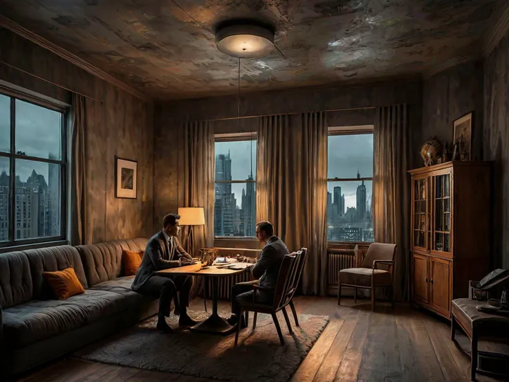 Vibrant colors, 3d,
A dingy grey dystopian room. TV. (Two men sitting at a small table in the center of the room:1.95). A cabinet.
Couch, Lamp. Vertical wallpaper pattern. Light hanging from the ceiling. Wall lamps.
(Curtained windows offer a view of the dingy city:1.95).
Apocalyptic, dystopian, moody atmosphere. 1950s style.
Surreal Harmony
<lora:Surreal Harmony:1>
<lora:The_Dark_Side_of_the_Earth:0.2>