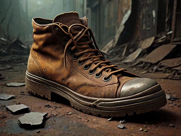 Vibrant colors, 3d,

An old shoe, creased, worn, scuffed, scruffy.

Apocalyptic, dystopian, moody atmosphere. 1950s style. brown.

Surreal Harmony
<lora:Surreal Harmony:1>
<lora:The_Dark_Side_of_the_Earth:0.2>
