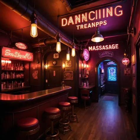 18) A steampunk-themed brothel featuring neon signs above entrance advertising various services offered within such as dancing girls with feather boas or massage therapists providing sensual treatments only those looking to splurge extra money can afford, the entire place illuminated softly using gas lamps hanging from ceiling making atmosphere warm & inviting