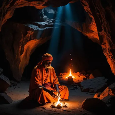 6) An ancient djinni master sits cross legged inside dimly lit cavern where fire burns bright orange in center illuminating surroundings slightly but not quite enough reveal entire picture at once instead allowing imagination do rest of work since no one can tell exactly what lies ahead beyond first few steps taken into darkness unknown