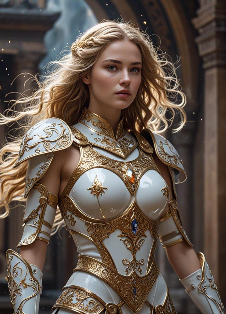 A woman in armor with a sword and a sword in her hand - SeaArt AI