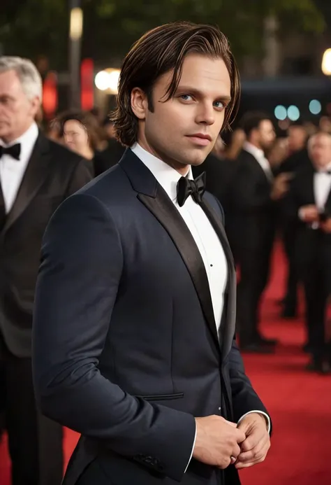 <lora:sebastian_stan_v2_sdxl_1600_lora_f32:1>, cinematic film still sebastian stan, messy_hair ,curved bob hair, tux, red carpet, dynamic pose . shallow depth of field, vignette, highly detailed, high budget, bokeh, cinemascope, moody, epic, gorgeous, film grain, grainy