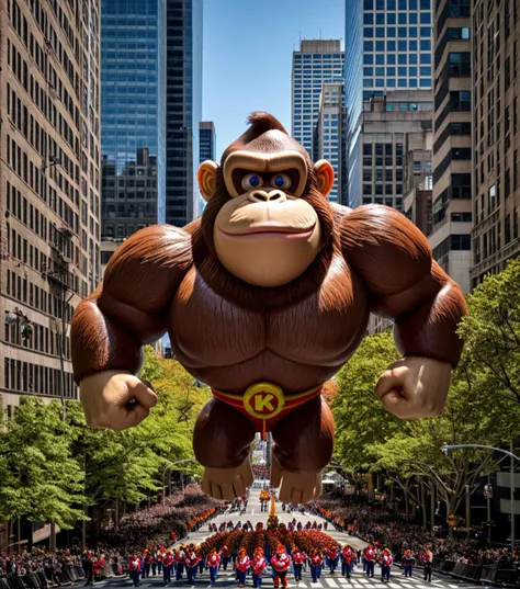<lora:b41100n_04XL-000008:0.9>a raw photograph of (donkey kong:1.5) b41100n shaped parade balloon,(floating high above the street:1.2) (with guide ropes:1.1),during Macy's NYC parade,with park and trees behind,with tall buildings in background,(above shot angle:1.1),outdoor,sunshine and shadows,realistic photograph,wide_angle_view,highres,absurdres,hyper realistic,HDR UDH 8K wallpaper,photo realistic,award winning,best quality,masterpiece,intricately detailed,high contrast