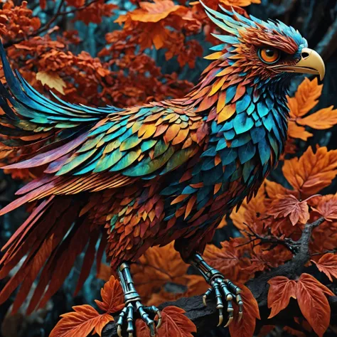 cinematic photo full frame bird photo, (that has iridescent colored leaves:1.4) instead of feathers of a gorgeous ,animal body, super colourful and extremely intricately detailed photo of Hyperrealistic art Wonderful, intricate, (colorful), (a superb Art Brut Decollage art, Lycanthropic Phoenix), ethereal neural network organism, divine , animal:0.3, ginger:0.1 biomorph, glass skeleton, skinless:3, anatomical face, biomechanical details, bright colors, alchemist, alt_style, cinematic, 35mm film, 35mm photography, film, photo realism, DSLR, 8k uhd, hdr, ultra-detailed, high quality, high contrast, very art-full . 35mm photograph, film, bokeh, professional, 4k, highly detailed
