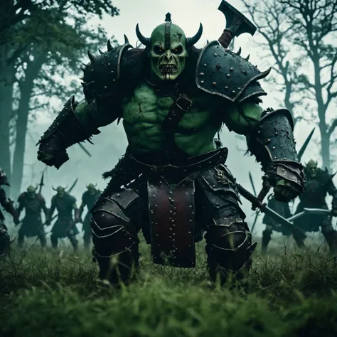 cinematic photo full frame wide shot , Horror-themed (greenskin) cinematic a battlefiels full of scary orcs in armour all crammed close together on a grassy battlefield, amour colourful intricate!!, swinging a giant rusty cleaver sword full body character design high budget, bokeh, cinemascope, moody, epic, gorgeous, film grain, grainy . Eerie, unsettling, dark, spooky, suspenseful, grim, highly detailed. . 35mm photograph, film, bokeh, professional, 4k, highly detailed