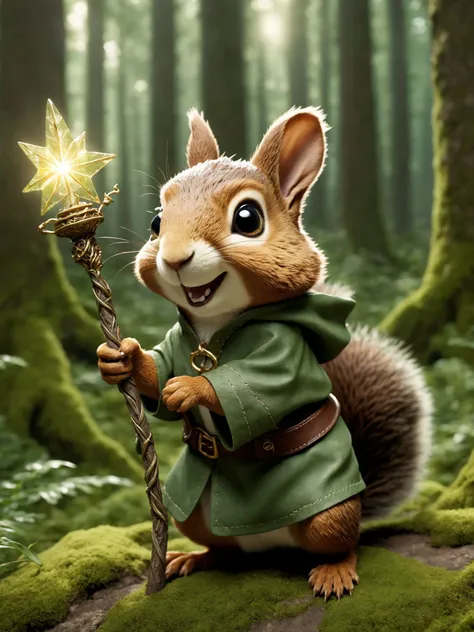 cinematic photo Close-up joyful photograph of a little magical cute forest squirrel/rabbit creature. midsummer lighting The creature IS holding a magical glowing staff. wearing a little green hobbit cloak, and a bag over its shoulder fantasy art,Super intricate details, style Jean - Baptiste Monge, style Alan Lee, anthropomorphic squirrel , scene from a movie, dramatic shot angle, atmospheric particles, Real, raw cinematic photorealism, action portrait, 8k, detailed, centered, full frame very art full.
, photorealistic, 8k uhd, front view, natural lighting, raw, rich, intricate details, key visual, atmospheric lighting, 35mm photograph, film, bokeh, professional, 4k, highly detailed . 35mm photograph, film, bokeh, professional, 4k, highly detailed