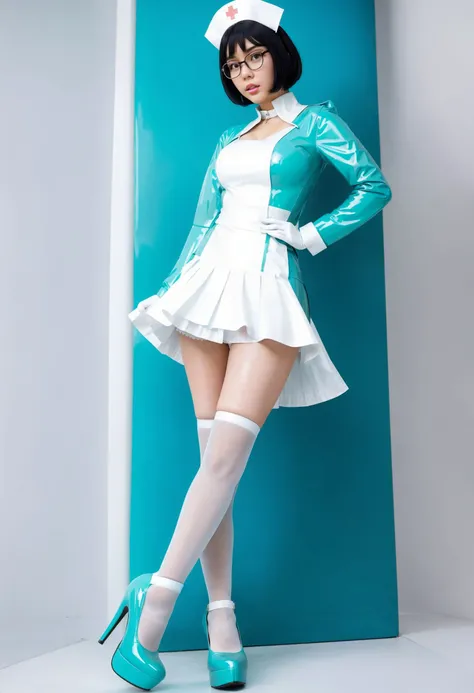 cinematic photo (Eri Kitami:1.4) cosplaying as (cyan latex nurse:1.4), (latex cosplay), (glasses, short black bob hair, white platform stiletto pump shoes, cyan latex tight-high stockings, frilled puffy pleated skirt, long sleeves:1.2) . 35mm photograph, film, bokeh, professional, 4k, highly detailed