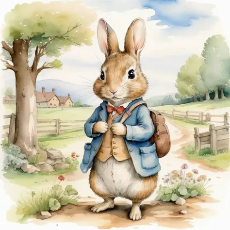 Beatrix Potter style watercolor. By Henry Cavill, Chibi style, cartoonish, they are in a rural school, landscape of pastel colors.<lora:xl_more_art-full_v1:0.5>