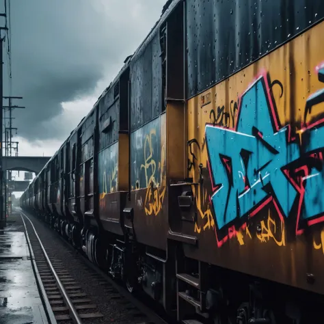 cinematic photo cinematic still, hdr, raw photo of a graffiti on the side of a diesel train, rain, cinematic lighting, 4k, uhd, masterpiece . 35mm photograph, film, bokeh, professional, 4k, highly detailed