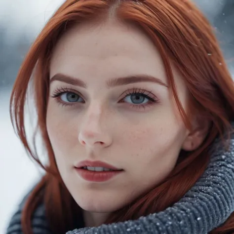 cinematic photo analog raw candid photo of a beautiful young woman, realistic skin texture, red hair, slim, (closed mouth:1.1), erotic, relaxed, haze lighting, winter, snow, 35mm, 8k, UHD, masterpiece . 35mm photograph, film, bokeh, professional, 4k, highly detailed
