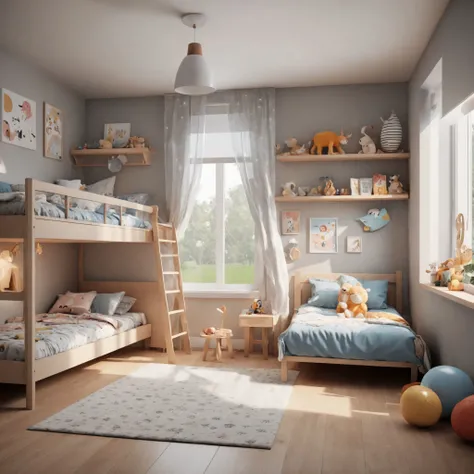 cinematic photo an interior render of a kids room, realistic interior, unreal engine, interior render style, beautiful render, realistic lighting, high detail . 35mm photograph, film, bokeh, professional, 4k, highly detailed