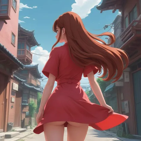 best quality, from behind, 1girl, looking back, large ass, red dress, bare legs, auburn hair, long hair, street, outdoors, people, wind blowing dress up, ass peek, glow effects, godrays <lora:add-detail-xl:0.8>, (Studio ghibli style, Art by Hayao Miyazaki:1.2), Anime Style, Manga Style, Hand drawn, cinematic sensual, Sharp focus, humorous illustration, big depth of field, Masterpiece, concept art, trending on artstation, Vivid colors, Simplified style, trending on ArtStation, trending on CGSociety, Intricate, Vibrant colors, Soft Shading, Simplistic Features, Sharp Angles, Playful