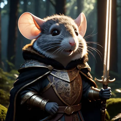 cinematic photo highly detailed portrait of a wise old mouse warrior (intricate armor:1.4) in a dark woolen cloak with a shining sword, (fur:1.4),deep dark forest background, (shallow depth of field:1.4), foliage, global illumination, radiant light, detailed and intricate environment #cinematic, light shafts, dust motes <lora:FaeTastic:0.6> sparkles, (Extremely Detailed Oil Painting:1.2), glow effects, godrays, Hand drawn, render, 8k, octane render, cinema 4d, blender, dark, atmospheric 4k ultra detailed, cinematic sensual, Sharp focus, humorous illustration, big depth of field, Masterpiece, colors, 3d octane render, 4k, concept art, trending on artstation, hyperrealistic, Vivid colors, extremely detailed CG unity 8k wallpaper, trending on ArtStation, trending on CGSociety, Intricate, High Detail, dramatic . 35mm photograph, film, bokeh, professional, 4k, highly detailed