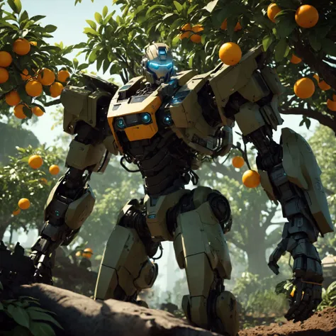 cinematic photo full frame , wide shot, cinematic photo cinematic photography, solo, (MRS) ,super fine concept art, ((picking oranges off of a tree)) extremely detailed, a overgrowth (solarpunk:1.3) heavy mech, hard surface, plants, solar panels, hands, hawken, sci-fi, battlefield, <lora:srdxl_v2k:0.8> <lora:ovrgrwth:1> from_below, solarpunk city, shot on Canon EOS 5D, ND filter, natural lighting, in style of Christopher Nolan <lora:add-detail-xl:2><lora:lcm_sdxl:1.0> . 35mm photograph, film, bokeh, professional, 4k, highly detailed . 35mm photograph, film, bokeh, professional, 4k, highly detailed