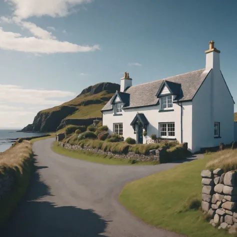 cinematic photo a beautiful cottage, scotland coastal village, (sharp focus:1.2), extremely detailed, (photorealistic:1.4), (RAW image, 8k high resolution:1.2), RAW candid cinema, 16mm, color graded Portra 400 film, ultra realistic, cinematic film still, subsurface scattering, ray tracing, (volumetric lighting) . 35mm photograph, film, bokeh, professional, 4k, highly detailed