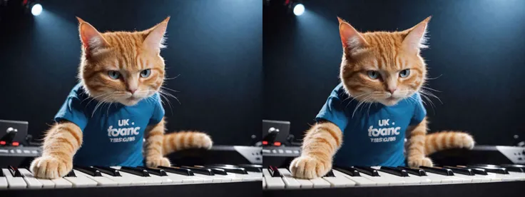 cinematic photo cinematic photo Close up, Ginger Keyboard Cat Meme. playing a (((music keyboard))) in a rock concert ((wearing a blue plain t-shirt)), on a black background., ci . 35mm photograph, film, bokeh, professional, 4k, highly detailed