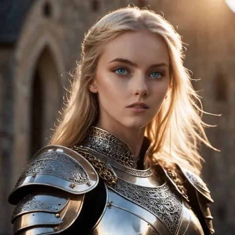 cinematic photo masterpiece), (extremely intricate:1.3), (realistic), portrait of a girl, the most beautiful blonde girl in the world, (blue eyes), (medieval armor), metal reflections, upper body, outdoors, intense sunlight, far away castle, professional photograph of a stunning woman detailed, sharp focus, dramatic, award winning, cinematic lighting, , volumetrics dtx, (film grain, blurry background, blurry foreground, bokeh, depth of field, sunset, motion blur:1.3), chainmail . 35mm photograph, film, bokeh, professional, 4k, highly detailed, cinematic photorealistic, 8k uhd natural lighting, raw, rich, intricate details, key visual, atmospheric lighting, 35mm photograph, film, bokeh, professional, 4k, highly detailed