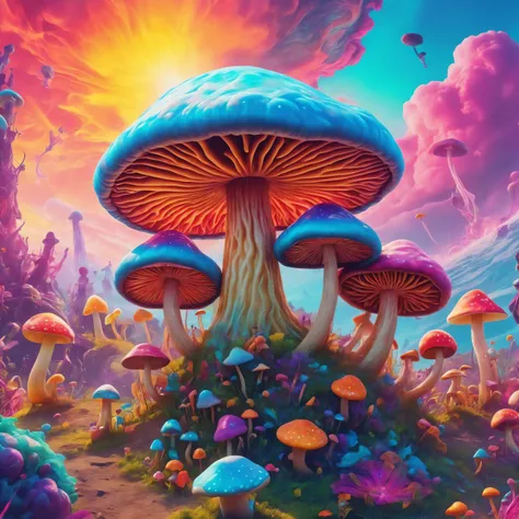 cinematic photo Psychedelic style a (((Psychedelic))) technicolored mushroom dream world, all around growing morphing mushrooms and music. (tie-died t-shirts). <lora:xl_more_art-full_v1:4> (((Psychedelic))) Rainbow Sky, cinematic photorealistic, 8k uhd natural lighting, raw, rich, intricate details, key visual, atmospheric lighting, 35mm photograph, film, bokeh, professional, 4k, highly detailed . Vibrant colors, swirling patterns, abstract forms, surreal, trippy . 35mm photograph, film, bokeh, professional, 4k, highly detailed