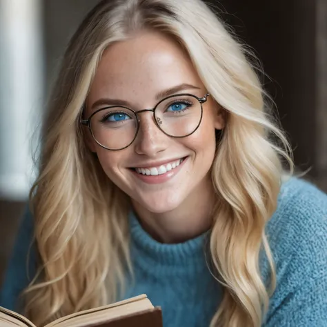 cinematic photo beautiful lady, (freckles:0.9), big smile, blue eyes, long blonde hair, reading glasses dark makeup, hyperdetailed photography, soft light, head and shoulders portrait, cover, cinematic photorealistic, 8k uhd natural lighting, raw, rich, intricate details, key visual, atmospheric lighting, 35mm photograph, film, bokeh, professional, 4k, highly detailed . 35mm photograph, film, bokeh, professional, 4k, highly detailed