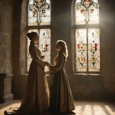 cinematic photo zrpgstyle, medieval portrait, (2girls:1.3), acolyte women, (Style-Interact:1.3), glorious elaborate ornate robes standing in a detailed luxurious stone castle (apothecary:1.2) Game of Thrones Hogwarts bright morning sunlight shining in from window Clutter-Home, (masterpiece:1.2) (best quality) (detailed) (intricate) (8k) (HDR) (wallpaper) (cinematic lighting) (sharp focus) (intense action scene, dutch angle, foreshortening, motion blur, blurred foreground:1.3)  (boobs out) (naked)., cinematic  photorealistic, 8k uhd natural lighting, raw, rich, intricate details, key visual, atmospheric lighting, 35mm photograph, film, bokeh, professional, 4k, highly detailed . 35mm photograph, film, bokeh, professional, 4k, highly detailed