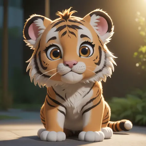 cartoon cutie-pie Tiger wearing mittens, contrapposto, strong polar filter, evening light, hyper realistic <lora:zhibi:1.4>, zhibi, zdyna_pose, foreshortening, from below, nicely detailed, portrait by john Wilhelm,  (super big cute eyes)