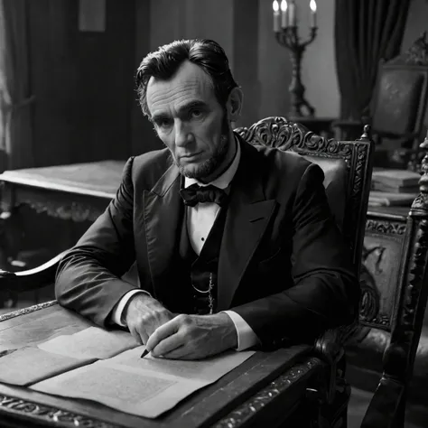 cinematic photo Black and white photo of abraham lincolnsat in a fancy carved chair at a small table with a ink quill and paper on it., cinematic photorealistic, 8k uhd natural lighting, raw, rich, intricate details, key visual, atmospheric lighting, 35mm photograph, film, bokeh, professional, 4k, highly detailed . 35mm photograph, film, bokeh, professional, 4k, highly detailed