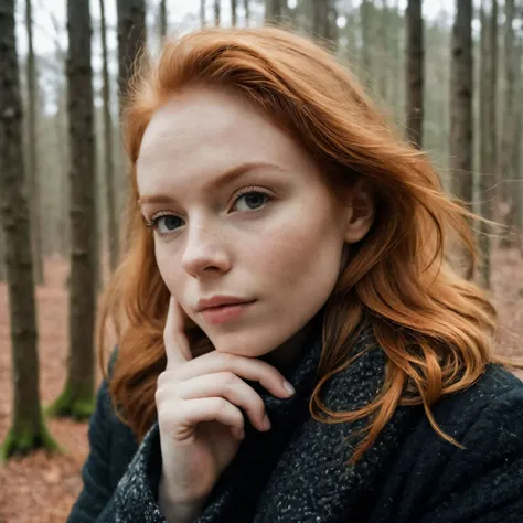 amateur cellphone photography close up of a european woman, ginger hair, winter forest, natural skin texture, 24mm, 4k textures, soft cinematic light, RAW photo, intricate, elegant, sharp focus, (cinematic look), soothing tones, low contrast, dim colors, exposure blend, hdr, faded . f8.0, samsung galaxy, noise, jpeg artefacts, poor lighting, low light, underexposed, high contrast. ((freckles))