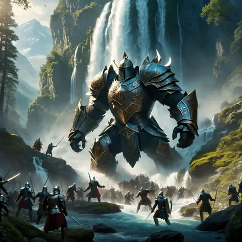 ethereal fantasy concept art of epic battle scene, a massive beast in a forest attacking multiple knights, weapons, swords, fantasy, full armor, holding weapons, holding swords, multiple people in the mountains by a waterfall, style by greg rutkowski, ultra realistic, masterpiece, sharp focus, intricate, sharp details, intricate, highly detailed, rich color, 8K, <lora:greg_rutkowski_xl_2:1>,, cinematic photorealistic, 8k uhd natural lighting, raw, rich, intricate details, key visual, atmospheric lighting, 35mm photograph, film, bokeh, professional, 4k, highly detailed . magnificent, celestial, ethereal, painterly, epic, majestic, magical, fantasy art, cover art, dreamy