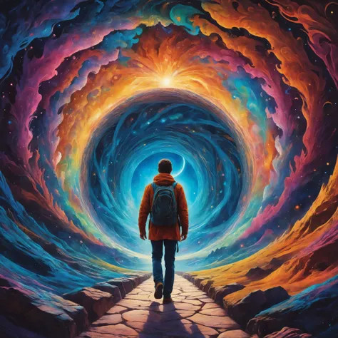 painting of a man walking through a tunnel in space time, swirls and glimpses of other places and dimensions, with a mountain in the background, psytrance artwork, progressive rock album cover, beautiful avatar pictures, cryptocurrency in the background, entering the mind maze, beautiful render of a fairytale, creation