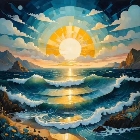 ethereal fantasy concept art of very beautiful insanely detailed image of The sea at dusk". beautiful golden seaside, bright dark yellow ornate sun, by Victo_Ngai, Oleksandra Ekster, Malevich, Vladyslav Yerko and Alexander Jansson, Vladyslav Yerko! Very Complex perfect elegant composition! linen gesso acrylic paper, epic Dramatic lighting! Razor-sharp quality insanely detailed, deep colors realistic masterpiece<lora:xl_more_art-full_v1:0.5> . magnificent, celestial, ethereal, painterly, epic, majestic, magical, fantasy art, cover art, dreamy