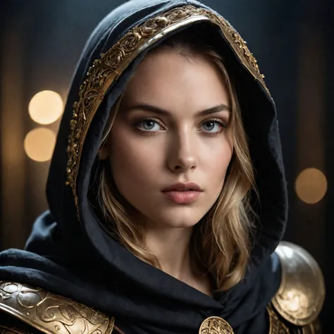 cinematic photo photography art by Marc Lagrange, On pale black paper, heavyset european young_woman, she is Gorgeous and Fantasy, mouth of Humanity, in Hooded,armor, Glib One-Eyed, at Nighttime, Altermodern, 35mm, high quality photography, 3 point lighting, flash with softbox, 4k, Canon EOS R3, hdr, smooth, sharp focus, high resolution, award winning photo, 80mm, f2.8, bokeh, cinematic  photorealistic, 8k uhd natural lighting, raw, rich, intricate details, key visual, atmospheric lighting, 35mm photograph, film, bokeh, professional, 4k, highly detailed . 35mm photograph, film, bokeh, professional, 4k, highly detailed