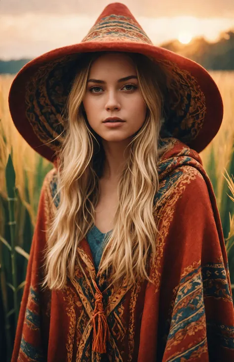 cinematic photo Create a vivid description capturing the essence of a slender blond hippy women with wearing a boldly patterned chunky knit hooded Cape and Large round Bamboo Rice picker hat, It gazes directly at the camera, in a festival field . The surreal scene is further enhanced as her long hair seamlessly merges with the vibrant background. raw photo, a red sunset landscape, photorealistic, high detailed texture, 8k uhd, dslr, soft lighting, high quality, film grain, Fujifilm XT3, highly detailed photography, (muted colors, cinematic, dim colors, soothing tones:1.2), vibrant, insanely detailed, hyperdetailed, (dark shot:1.2), (vsco:0.3), (intricate details:0.9), (hdr, hyperdetailed:1.2) atmospheric haze, Film grain, cinematic film still, shallow depth of field, highly detailed, high budget, cinemascope, moody, epic, OverallDetail, gorgeous, 2000s vintage RAW photo, photorealistic, candid camera, color graded cinematic, eye catchlights, atmospheric lighting, skin pores, imperfections, natural, shallow dof, cinematic photorealistic, 8k uhd natural lighting, raw, rich, intricate details, key visual, atmospheric lighting, 35mm photograph, film, bokeh, professional, 4k, highly detailed . 35mm photograph, film, bokeh, professional, 4k, highly detailed