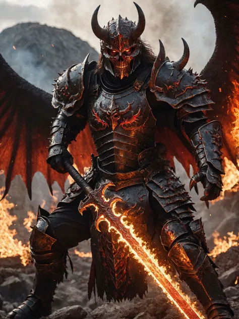 wide shot of a demonic demon warlord, wearing a black and fiery full plate armor,(swinging a massive flaming sword) fires of hell, chitinous skin, scars, wings, fighting pose, bones, blood splats, rocky battlefield, epic, extreme close-up portrait, extremely detailed, masterpiece, 4k resolution, volumetric lighting, film grain, award winning art, cinematic photorealistic, 8k uhd natural lighting, raw, rich, intricate details, key visual, atmospheric lighting, 35mm photograph, film, bokeh, professional, 4k, highly detailed