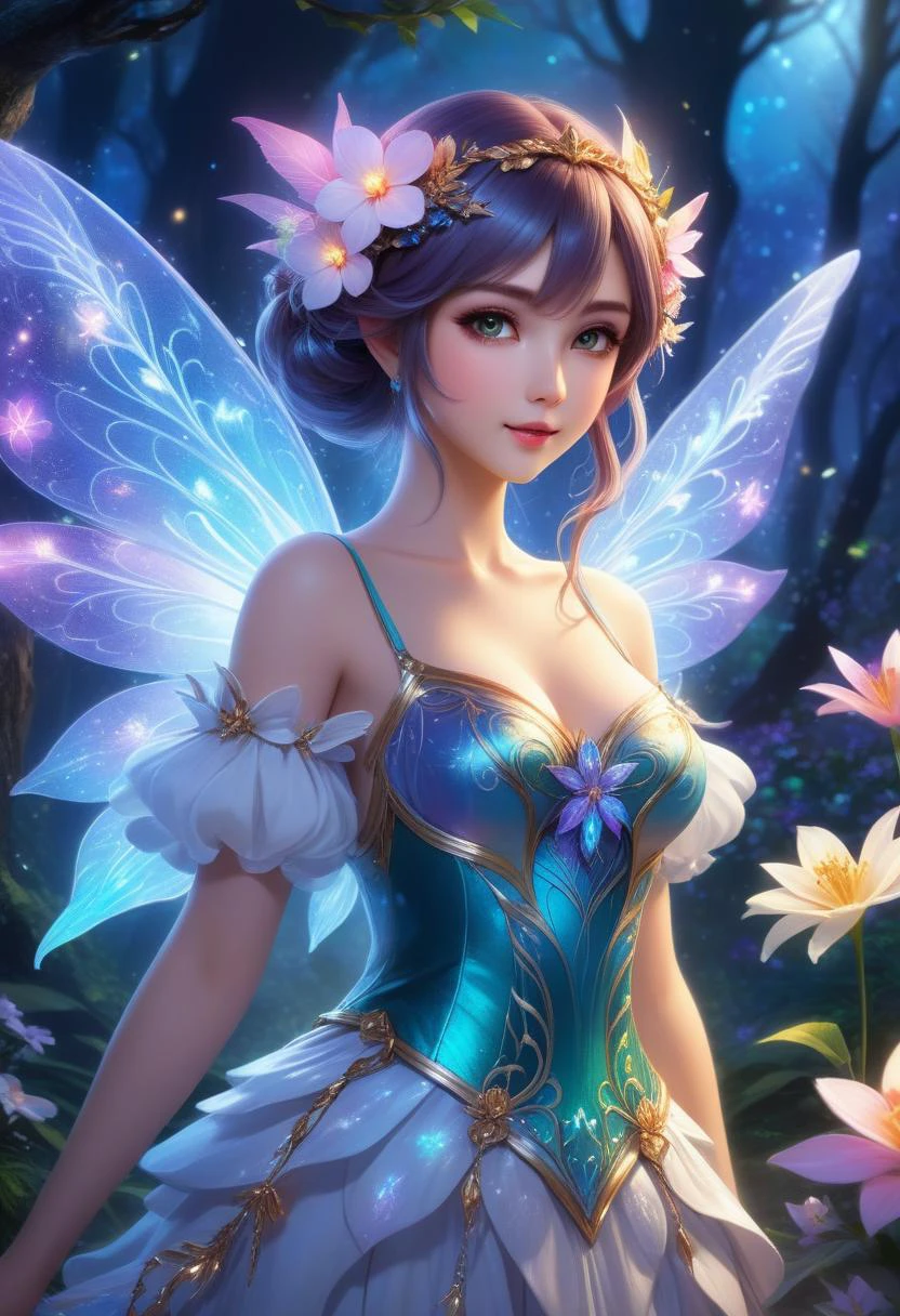 concept art ethereal fantasy concept art of anime artwork A fairy, Flowers, a fantasy-themed digital painting, enchanted forest at night, featuring ultra-highly detailed, photorealistic twinkling flowers with rainbow colors and ceramic textures, center-aligned and close-up, intricate pose with hyper-detailed clarity and sharp focus, extreme details, High quality, ArtStation, black to highlight the night setting, with light and sparkle effects to enhance the magical ambiance, high-quality studio photo, emphasizing intricate details and the ethereal beauty . anime style, key visual, vibrant, studio anime, highly detailed . magnificent, celestial, ethereal, painterly, epic, majestic, magical, fantasy art, cover art, dreamy . digital artwork, illustrative, painterly, matte painting, highly detailed