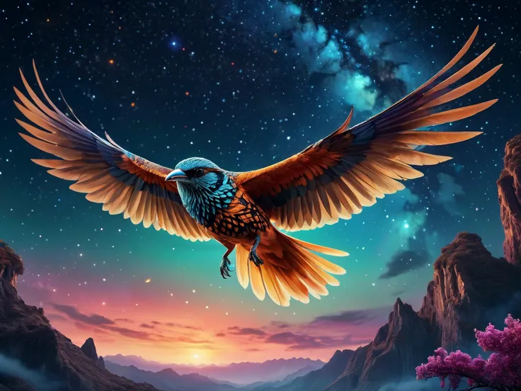 8k uhd, natural lighting, raw, rich, intricate details, key visual, atmospheric lighting, 4k, highly detailed, professional, highly detailed,
sharp focus,
a bird in flight against a starry sky, mystical, magical, fantasy, dreamlike colors in the background,
in the style of poster art,