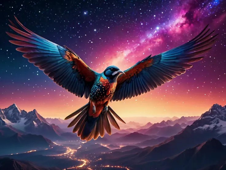8k uhd, natural lighting, raw, rich, intricate details, key visual, atmospheric lighting, 4k, highly detailed, professional, highly detailed,
sharp focus,
a bird in flight against a starry sky, mystical, magical, fantasy, dreamlike colors in the background,
in the style of poster art,