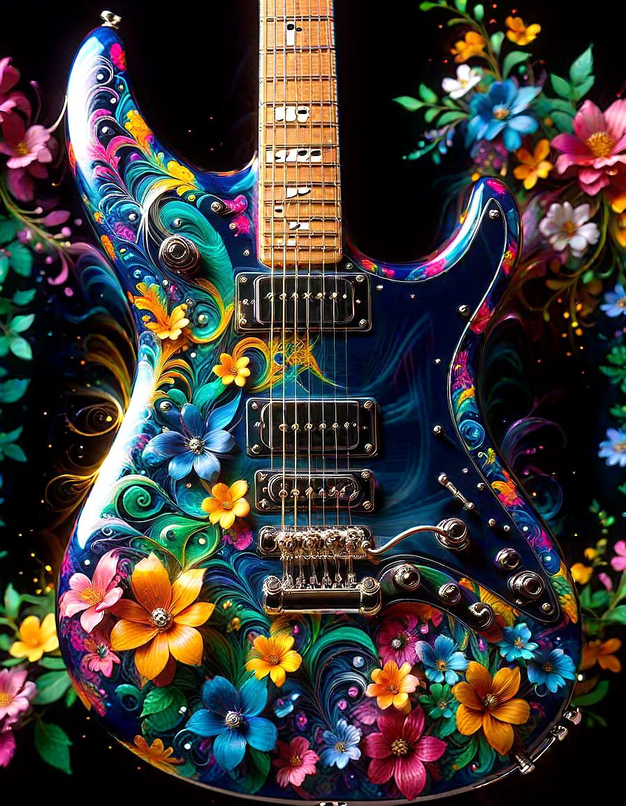shiny burst shred intricate details sleek clear sapphire guitar closeup, engulfed in vibrant translucent floral swirls, chrome, 8k, specular highlights,