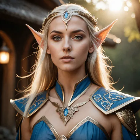 FACE SHOT OF BEAUTIFUL BOMBSHELL TOLKIEN ELF WOMAN, 30 YEARS OLD, HUGE LONG PLATINUM HAIR, BRAIDED HAIR, VERY PALE SKIN, EXPRESSIVE TURCOISE EYES, LOVELY FACE, ENIGMATIC FACE EXPRESSION, GORGEOUS LIPS, ROSY CHEEKS, HIGH CHEEKBONES, MENTAL FORAMEN, EXPOSED ELF TIP EARS, SILVER TIARA, PLATIMUN EYEBROWS, FULL NECK CLEAVAGE, LIGHT BLUE NECK VICTORIAN DRESS, ATHLETIC CURVY BODY, SIDE ANGLE SHOT, DEEP FORREST, DAYLIGHTS, BACK LIGHTS, SUN LIGHTS, MASTERPIECE, ACCURATE IMAGE
