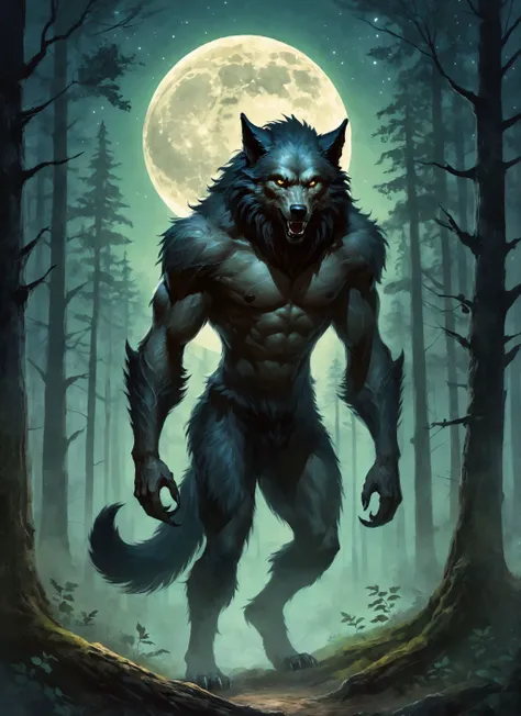 ethereal fantasy concept art of  A Werewolf , forest, eerie and quiet, it's looking at you, on parchment, pixel illustration, dirty and gritty, hazardous, toxic, glowing eyes. moon in the background . magnificent, celestial, ethereal, painterly, epic, majestic, magical, fantasy art, cover art, dreamy