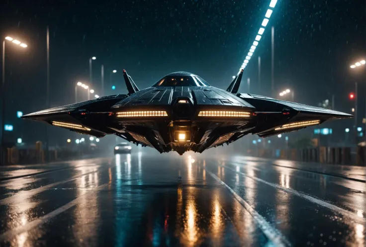 cinematic film still a cinematic photo of a huge symetric futuristic spaceship black metallic flying over wet road,night,hd,movie scene,best quality, . shallow depth of field, vignette, highly detailed, high budget, bokeh, cinemascope, moody, epic, gorgeous, film grain, grainy