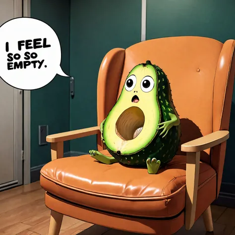 anime artwork anime artwork cartoon of an empty avacardo with a large round hole in its stomach sat in a chair with speech bubble with "I feel so empty" . anime style, key visual, vibrant, studio anime, highly detailed (Sad face) , crying , tears in eyes . anime style, key visual, vibrant, studio anime, highly detailed