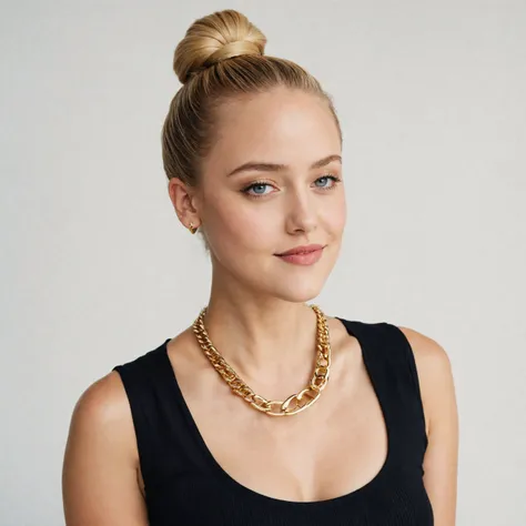 cinematic photo arafed woman with a gold chain necklace and a black shirt, maika monroe batgirl, slicked back hair, white background , unique non conventional beauty, topknot, wearing stripe shirt, photo 2 0 1 0, dating app icon, hands in her hair. side-view, bluejay, gorgeous young model, still photo, with white, lipstick  smiling <lora:boringRealism_primaryV4:0.25>, cinematic  photorealistic, 8k uhd natural lighting, raw, rich, intricate details, key visual, atmospheric lighting, 35mm photograph, film, bokeh, professional, 4k, highly detailed . 35mm photograph, film, bokeh, professional, 4k, highly detailed