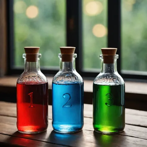 cinematic photo Photo, Three transparent glass bottles on a wooden table. The one on the left has red liquid and the number 1. 
The one in the middle has blue liquid and the number 2. 
The one on the right has green liquid and the number 3., cinematic  photorealistic, 8k uhd natural lighting, raw, rich, intricate details, key visual, atmospheric lighting, 35mm photograph, film, bokeh, professional, 4k, highly detailed . 35mm photograph, film, bokeh, professional, 4k, highly detailed