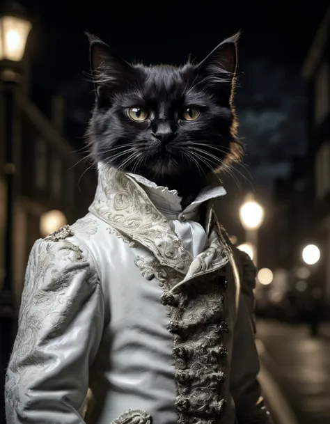 obscurantism black fluffy kitten, humanoid, (angry expression:1.2), wearing a high collar white leather nobleman coat, intricate detailing, charcoal brocade, streets of london at (night:1.3), 1830, from the side looking at viewer
dark vignette