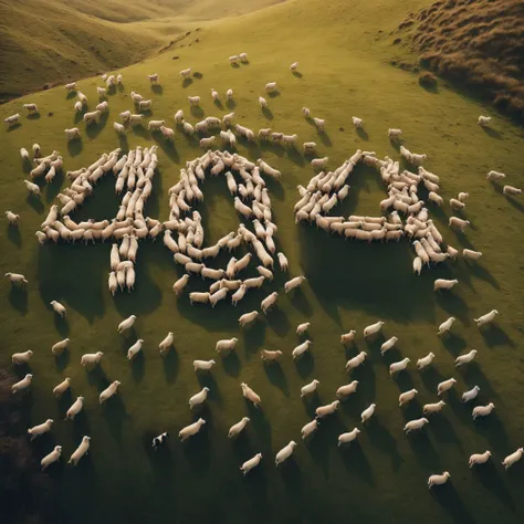 cinematic photo aerial veiw of a collie sheep dog chasing sheep into the shape of 404 in a field on a mountain side. . 35mm photograph, film, bokeh, professional, 4k, highly detailed
