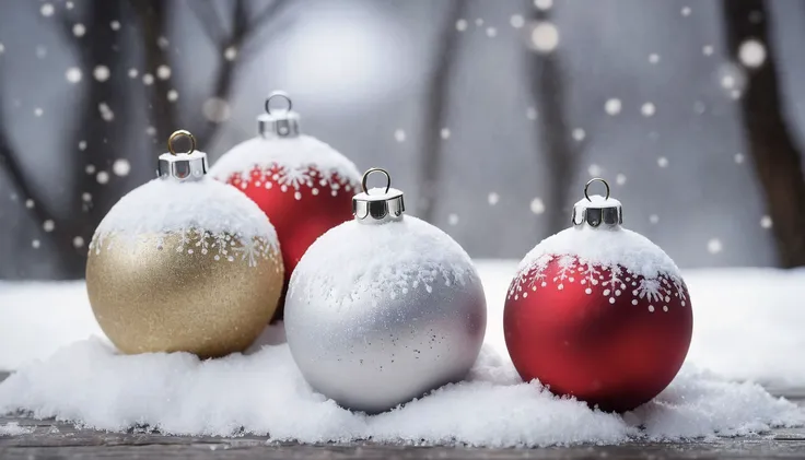 ((zoom)), three beautiful christmas balls in the snow, covered with snow , on an old wooden table, (light snowfall:0.8), perfect composition, intricate details, (bokeh:1.15), (christmas background:1.25)