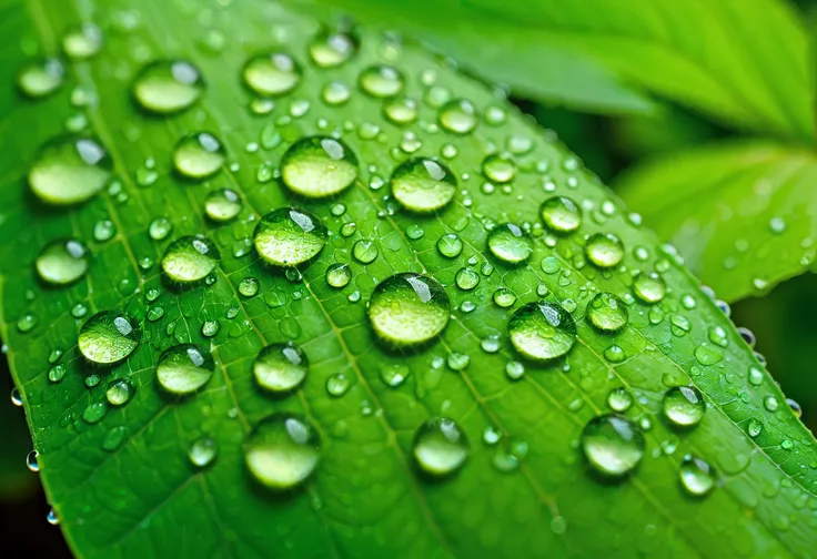 Macro shot of raindrops on a green leaf illuminated by a lime green LED, accentuating the lush details of each drop