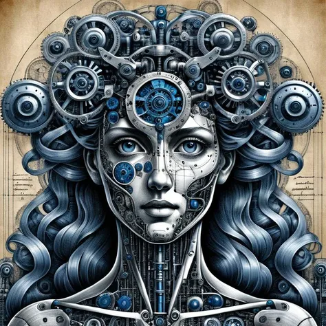 robot girl, android, tall, high details, government, strict secret, long dress, beautiful eyes, blue coat, Biomech, ink drawing, anatomical, cloud in background, mechanical computing, artificial intelligence, full mesh network , Da_Vinci, Vitruvian, StickerSheet <lora:Da_Vinci-000008:1>