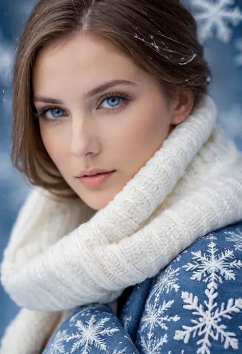 a woman with snow-inspired macroscopic patterns. Highlight concentric circles, dendritic, and lattice patterns in her clothing and background, using a wintry palette of blues, whites, and silvers. Aim for a serene expression and soft, diffused lighting to emphasize the delicate snowflake textures.