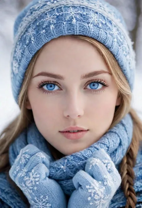 a woman with snow-inspired macroscopic patterns. bright blue eyes. Highlight concentric circles, dendritic, and lattice patterns in her clothing and background, using a wintry palette of blues, whites, and silvers. Aim for a serene expression and soft, diffused lighting to emphasize the delicate snowflake textures. highly detailed.